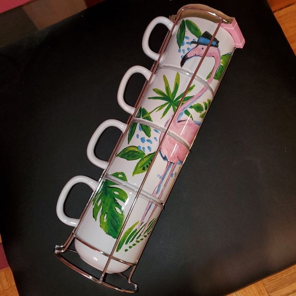 Stackable flamingo mugs with holder 4 mugs NWT - Picture 8 of 12